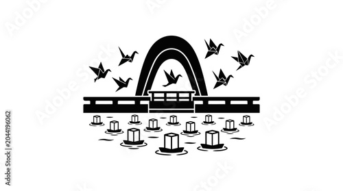 A stylized black and white illustration of paper cranes flying over a bridge and floating lanterns.