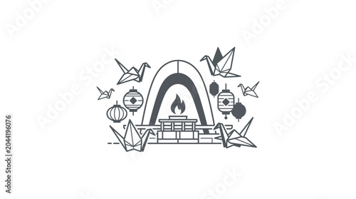 Bild auf Leinwand Line art illustration featuring a traditional Japanese memorial arch with paper cranes and lanterns