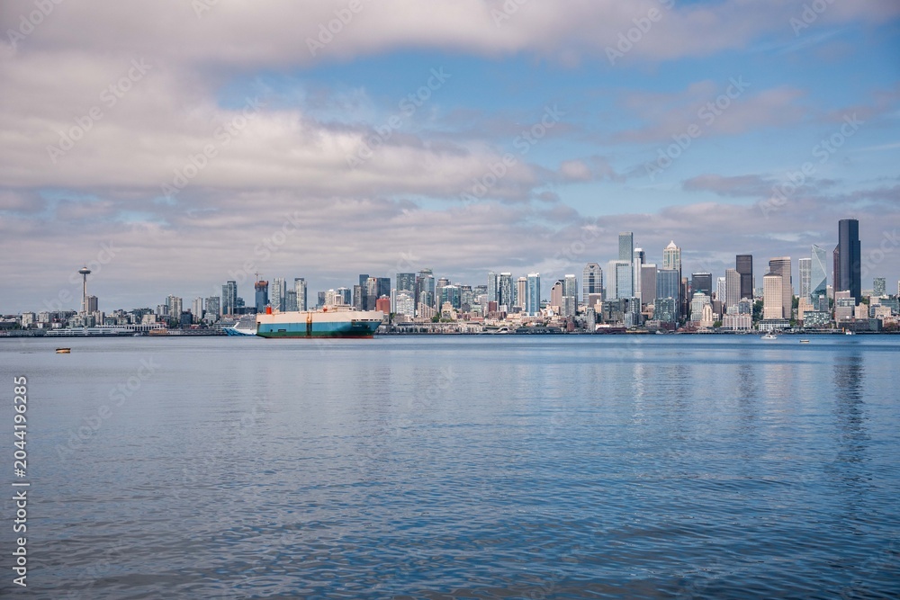 Fototapeta premium Seattle Downtown cityscape view from Alki Beach, Washington in the summer. 