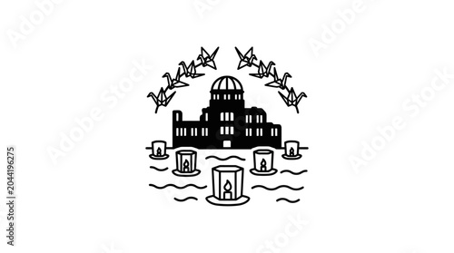 Foto A black and white illustration of the Hiroshima Peace Memorial with floating lanterns and paper cranes