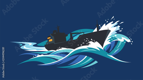 Obraz na płótnie Cargo Ship Navigating Rough Seas, Maritime Shipping Logistics