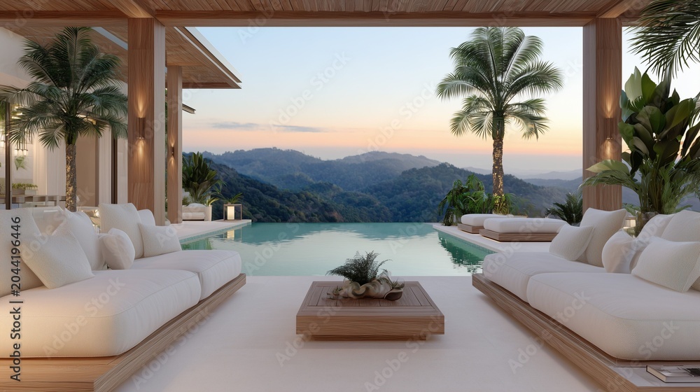 Fototapeta premium luxurious open air tropical villa living room with infinity pool panoramic mountain views elegant modern architecture and exclusive resort lifestyle ambiance