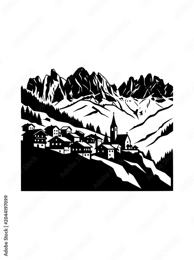 Fototapeta premium Black and white silhouette of a mountain village with church and peaks