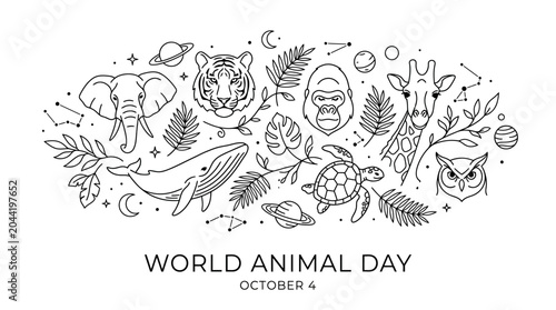 Canvas Print Line art illustration featuring various wild animals and tropical foliage for World Animal Day
