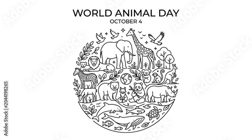 Photography A circular illustration featuring various animals and nature elements for World Animal Day