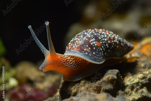 Exotic colorful sea snail crawling on rocky underwater reef close up view
