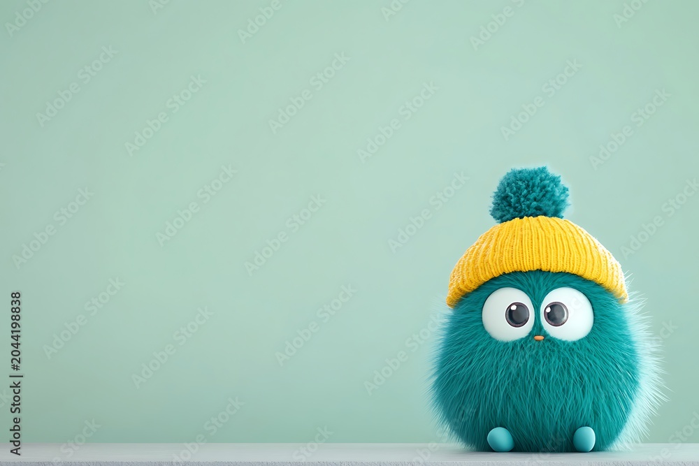 Fototapeta premium Blue stuffed owl toy with yellow knitted hat