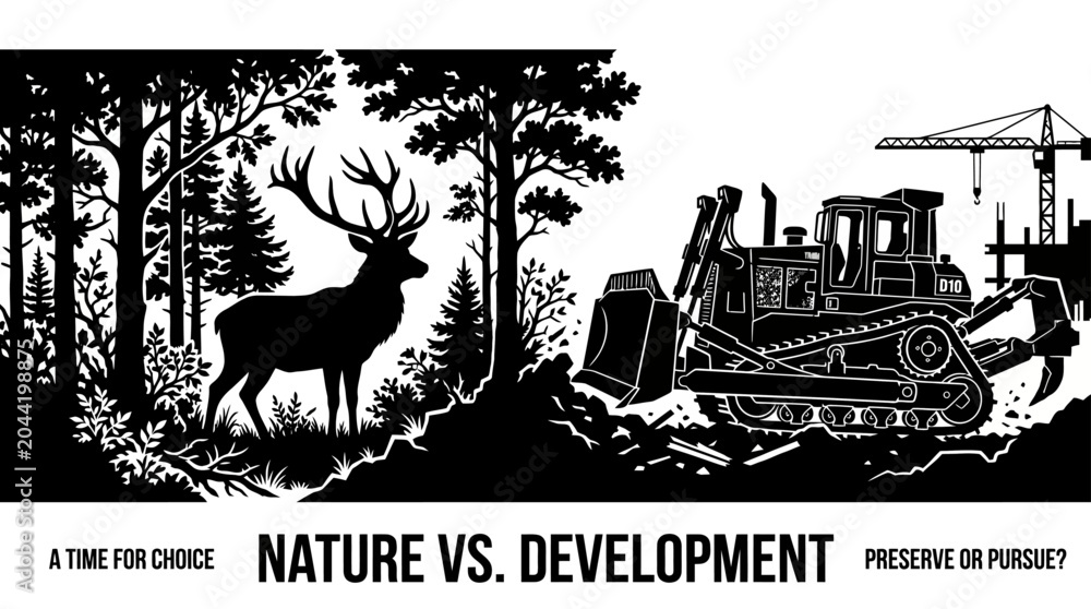 Naklejka premium A black and white illustration depicting a deer standing in a forest facing a bulldozer representing the conflict between nature and industrial development.