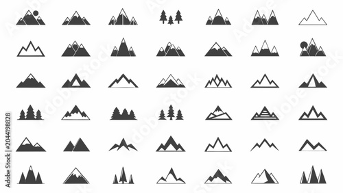 Quadro em tela Minimalist Mountain Silhouettes And Tree Icons A Collection Of Black Vector Grap
