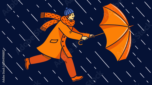 Tableau sur toile A vector illustration depicting a person with an umbrella walking against a back