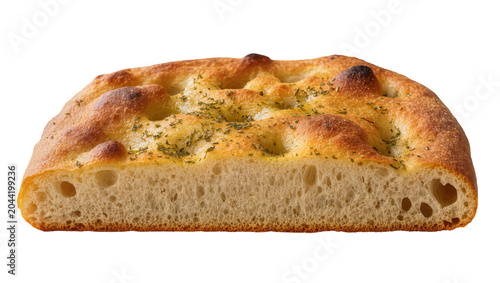 Fotografie Focaccia bread with herbs golden crust airy crumb, close-up