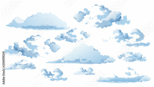 Tableau sur toile A collection of fluffy white clouds depicted in a watercolor style against a whi