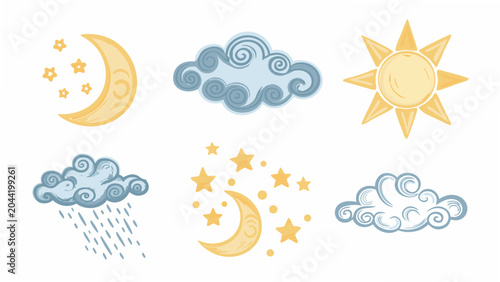 Valokuva A collection of fantasy style weather elements including suns moons clouds and s