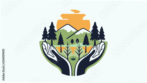 Konstfotografi Hands Cupping A Miniature Landscape A Vector Illustration With A Scenic Mountain