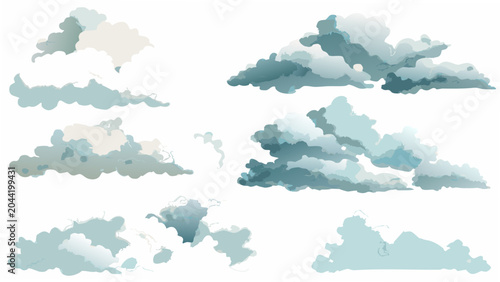 Fotografía A collection of eight watercolor cloud formations depicted in varying shades of