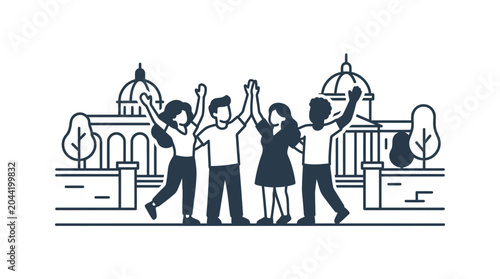 Photos A group of four diverse friends celebrating together with their arms raised in joy