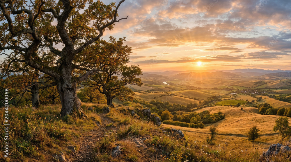 Fototapeta premium Golden hour sunlight bathes solitary oak trees on rolling hills golden hills