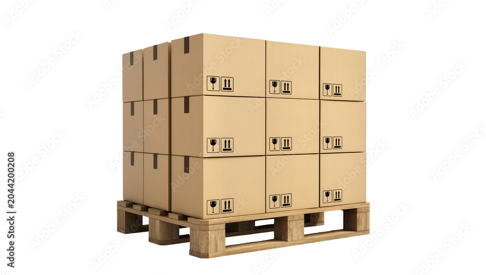 Φωτογραφία Cardboard boxes stacked on wooden pallet with fragile symbols