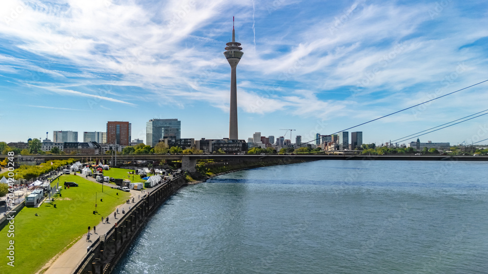 Obraz premium Dusseldorf city skyline aerial drone view from above, Medienhafen, bridge and river Rhine, Germany 