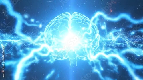 A glowing digital brain with energy waves and a dark space background
