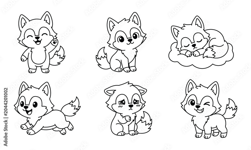Obraz premium Adorable fox character collection with various poses and emotions in outline style, perfect for children's products, stickers, and educational materials.
