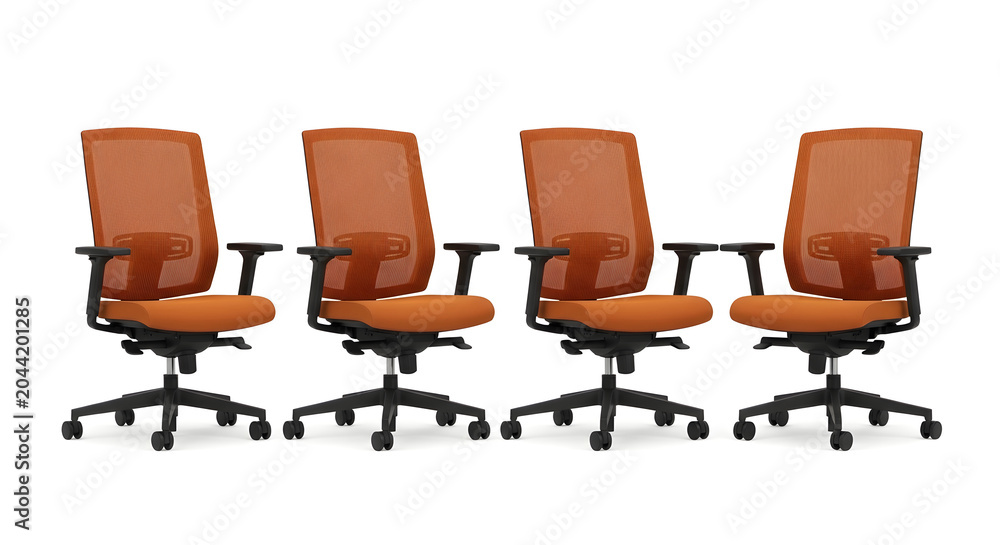Obraz premium Four modern office chairs with brown mesh backs and orange seats