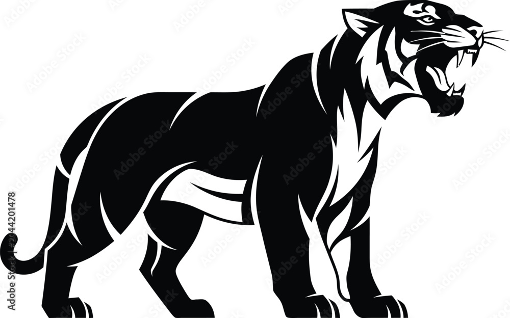 Fototapeta premium Blackandwhite illustration of angry tiger roaring loudly outside