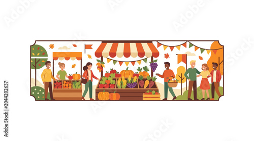 Schilderij op canvas People shopping at a vibrant autumn farmers market with fresh seasonal produce