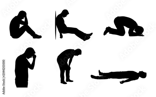 Foto Sadness Silhouette Icons, Grief Poses Vector Set, Despair Human Figures Collecti