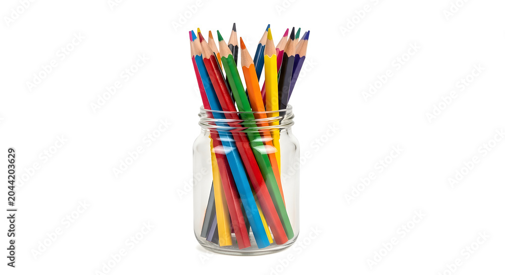 Fototapeta premium Colorful pencils in a clear glass jar