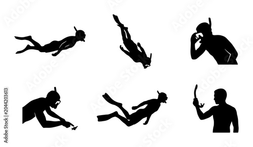 Fotografia Freediving Silhouettes, Snorkeling Icons, Underwater Sport Vector Set: Dynamic P