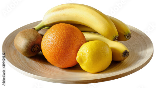 Photos Wooden bowl with bananas orange lemon, and kiwis