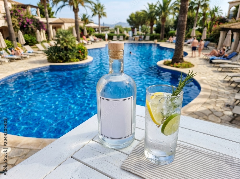 Naklejka premium Refreshing Gin and Tonic Drink by the Poolside Resort