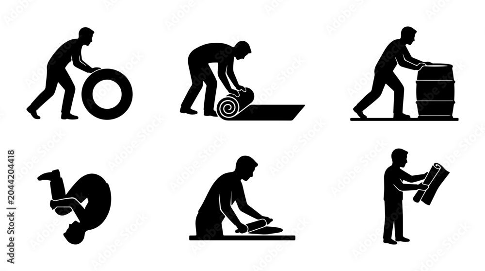 Φωτογραφία Action Icons Set: Rolling, Pushing, Flipping, and Reading, Vector Silhouettes fo
