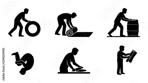 Cuadro en lienzo Action Icons Set: Rolling, Pushing, Flipping, and Reading, Vector Silhouettes fo