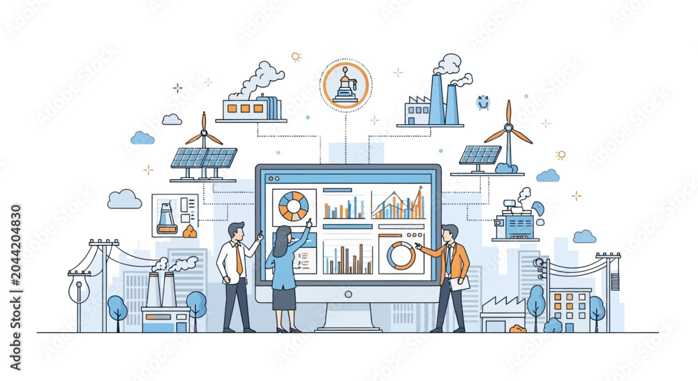 Fototapeta premium People analyzing energy data on a computer screen illustration.