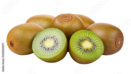 Obraz na plátně Whole and halved kiwifruit with vibrant green flesh and black seeds