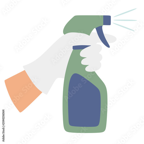 Hand in white glove holds green spray bottle