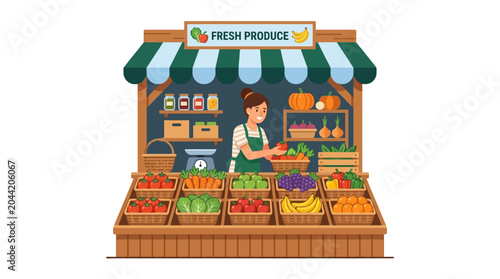 фотографія A friendly female shopkeeper organizing fresh vegetables and fruits at a local market stall