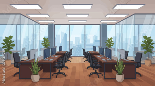 An editorial illustration depicts a modern office interior with desks, chairs, computers, plants, and city view.