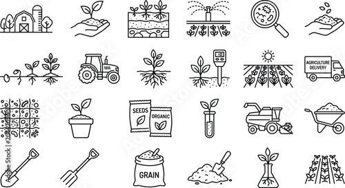 Schilderij op canvas Barn plant seedling sprout agriculture farm growth hand soil science tractor watering irrigation field truck seeds