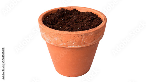 Classic empty orange terracotta clay flower pot rustic gardening container on transparent background