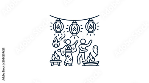 Cuadro en lienzo Line art illustration of people dancing at a traditional Japanese Obon festival