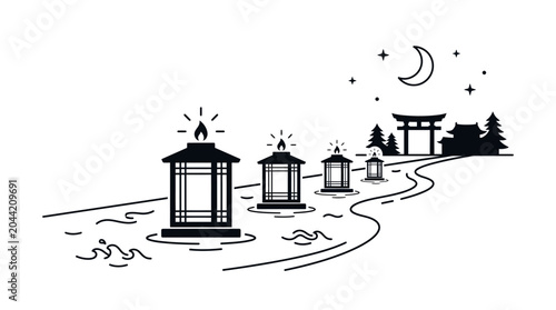 Εκτύπωση καμβά A series of traditional Japanese paper lanterns floating on a calm river at night