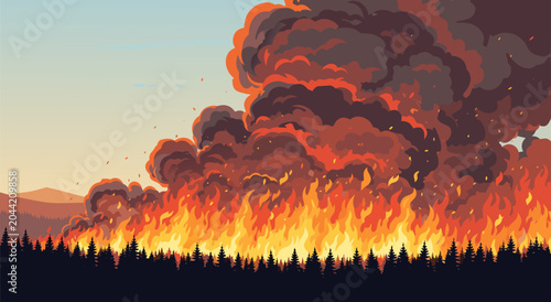 Foto Wildfire vector illustration showing a forest fire with dense smoke and flames