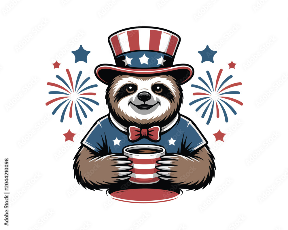 Fototapeta premium Sloth Coffee Lover for Independence day 4th of July vector illustration isolated on white background