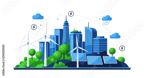 Canvas Print Eco friendly sustainable city with wind turbines and solar panels