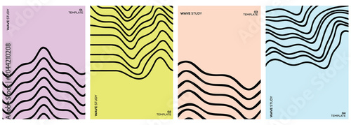 Set of Modern Abstract Wave Posters Featuring Flowing Curved Lines, Topographic Contours and Minimal Design Layouts