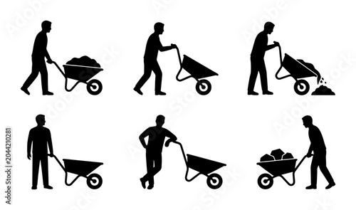 Canvas Print Silhouette Set of Construction Worker Pushing and Loading Wheelbarrow, Manual La