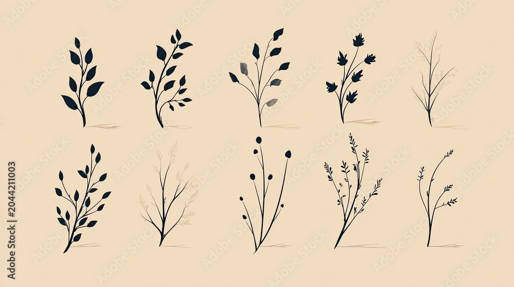 Fototapeta premium Collection of delicate botanical sprigs and leaves on a neutral background.